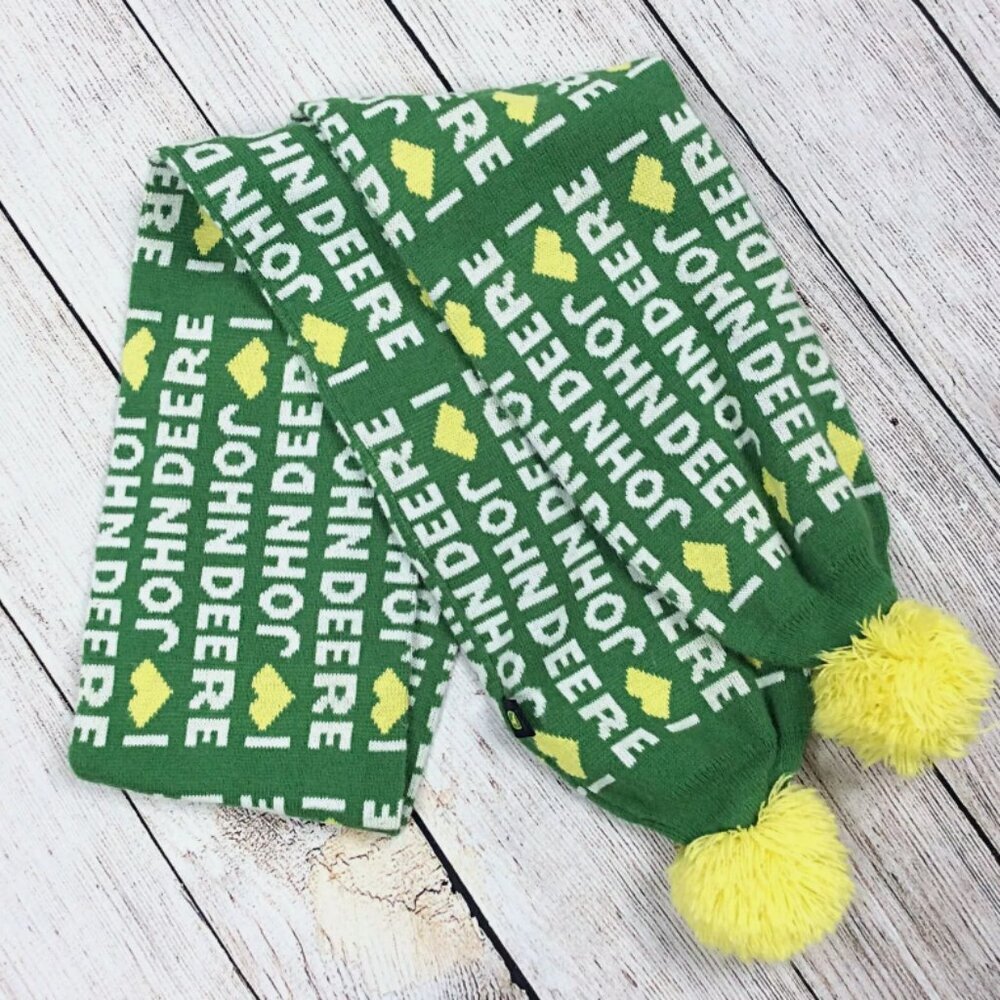 I Love John Deere‎ Knit Scarf Spell Out Logo Pom Pom Tractor All Over Print